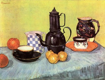  blau Kunst - Stilleben mit blauer Emaille Coffeepot Steingut und Obst Vincent van Gogh